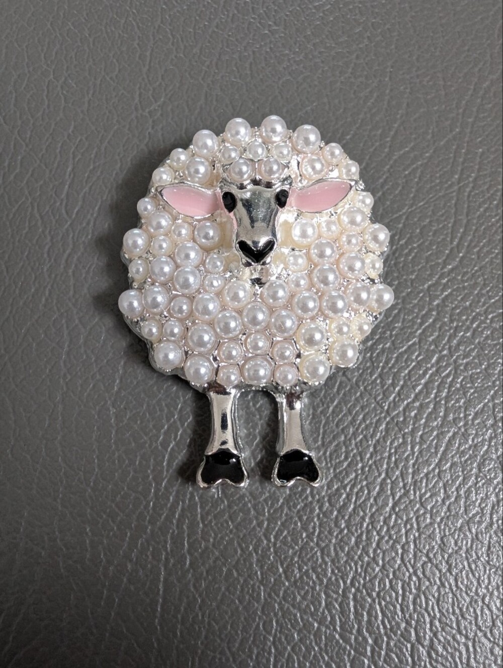 Vintage Pearl Beaded English Lamb Brooch Pink & White